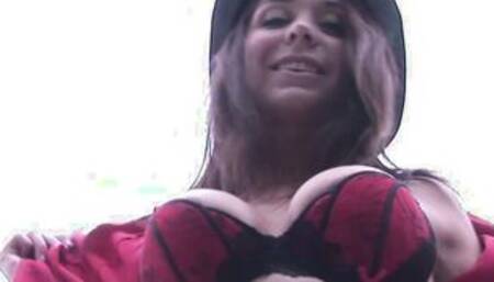 American 18 yo Beauty with huge melons fucks outdoors inside fishnet tights