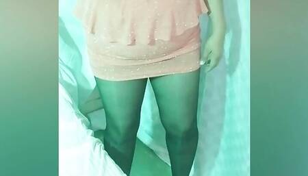 Chubby Mexican wife dancing in a shiny dress and stockings, ready for a night of pleasure...