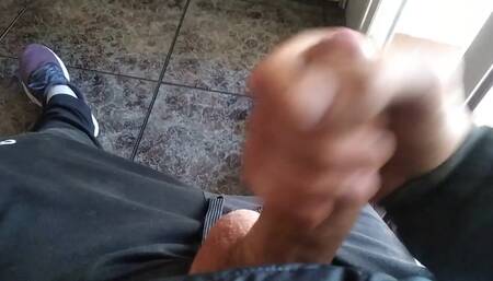 Exhibitionist with a Huge Fat Cock Jerks off in Front of the Window and Cums Slowly and in Small Amo