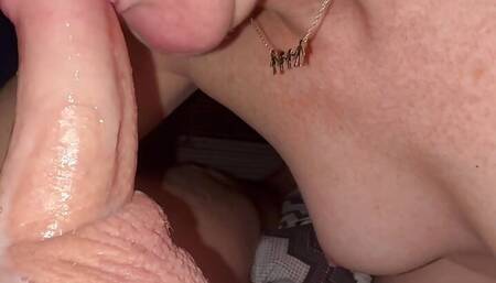 Wife cumming on my dick, receives cum in mouth