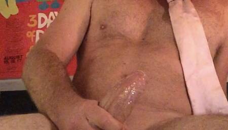 Stroking my big wet hard in cut cock wearing only a tie - big cum shot