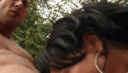 Mature busty DTF slut with big boobs 3way fucked outdoor