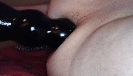 Huge ribbed dildo going in deep