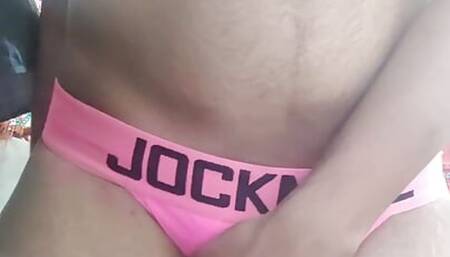 Faggot locked in chastity under jockstrap for master