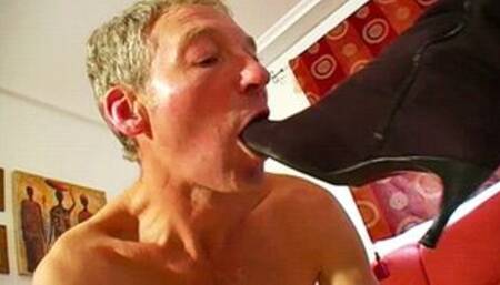 Clean my dirty boots while I fuck your mouth with them - Mistress Amber Leigh & Osel - MP4 Clip