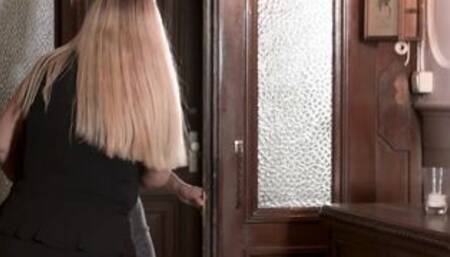 Chubby blonde Cougar seduces 2 guys into her Nylons