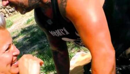 Big Titted German Milf fucks wild outdoors