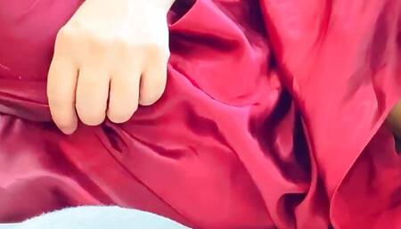 Beautiful hot girl in sexy red satin silk lingerie masturbating until extreme orgasms