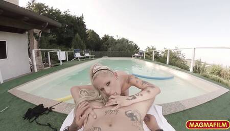 Tattooed blondie giving POV blowjob