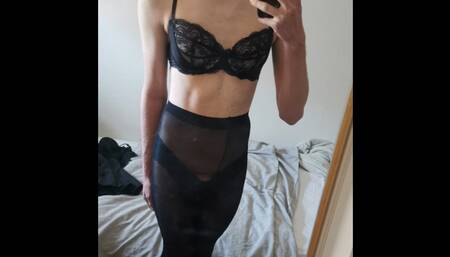 Sissy strokes her huge cock in Nylons