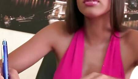 Zafira gets bored at work and fucks herself with a pink dildo