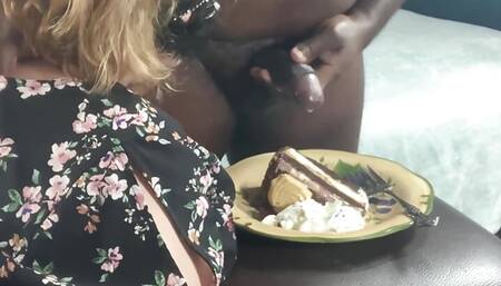 Horny hot BBW swallows black guy cum cake