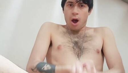 Crazy cumshot from this twink boy who loves jerking his big hard cock