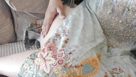 British indian girlfriend plays with pussy on sofa