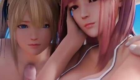 Two cuties jerking off with their tits on the beach