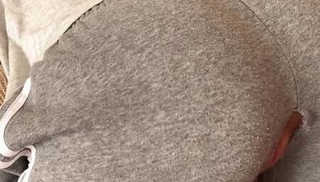 Fucking roommates wife through pants, cum on sexy ass