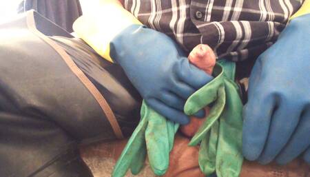 My daily wank with cum stained rubber gloves wearing my cum stained rubber waders