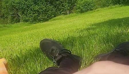 Martin masturbating his semi-rigid cock to cumshot outside