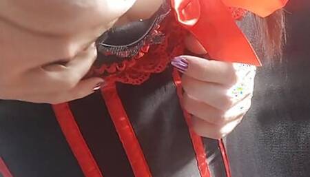 Pumping in sexy black and red corset. Milk noises