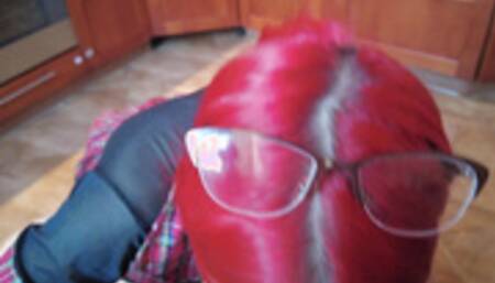 Tattooed schoolgirl sucks while on her knees