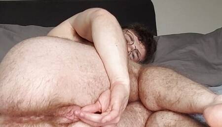 Showing you my feet while I rub my big hairy pussy