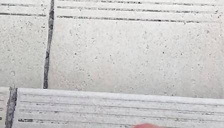 Toni cums on stairs outdoor, almost caught