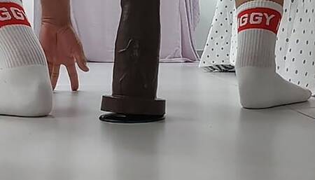 Riding big dildo in jock strap