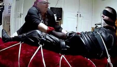 Sleepsack torment Part 3 -BBW domination,BBW bondage,man in bondage,male bondage,man tied up,leather sleepsack,sleep sack,amateur, bound and gagged man,bed bound,handjob,edging,edged,stocking torment,pantyhose,polishing,CBT,