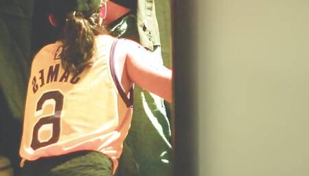 Basketball player gives coach a blowjob in the gym bathroom.