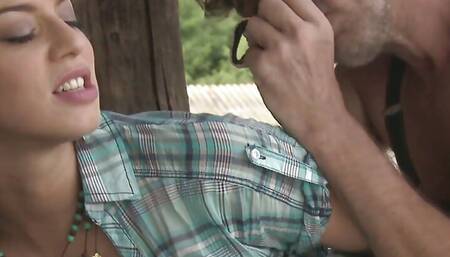 French babe Eliska Cross Pulls Her Skirt Up To Ride A Farmhands Cock In The Field