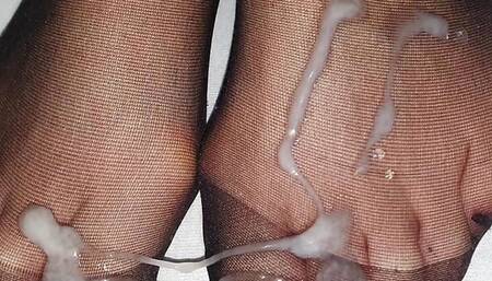 Slimy cumhot on black toes in black nylon socks