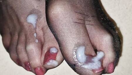 Cum on Wife s black nylon socks