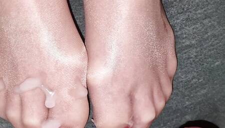 Cum on nylon red toenails