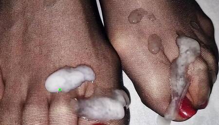 Red toenail cumshot