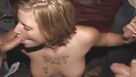 Pretty Dumb Blonde Tattoo Pussy Bitch GangFuck Theater Penises Right After Tattooing Cunt for Dirty D!