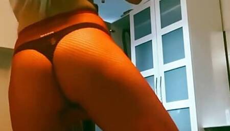 Sissy Emily blue in red fishnet leggings show her ass and cock