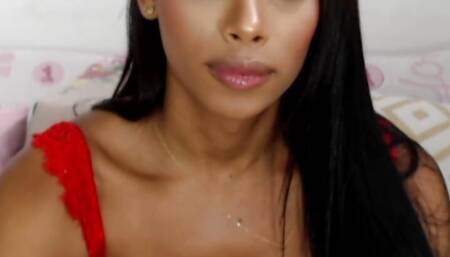 Tanned Trans Chick Shadi Kin Jacks Off Wearing Red Lingerie