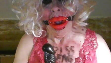 Gagged, CD sissy slut,Sarah Millward, wannabe MILF, wanks, craves humiliation and cock - your cock, and your cum in her face