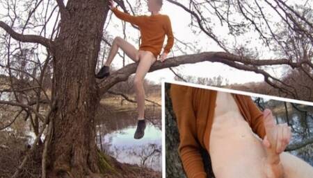 Slimed twink climbing trees! Massive creamy cumshot.