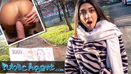 Public Agent Beautiful Brunette Biology Student Cums Over a Stranger Cock