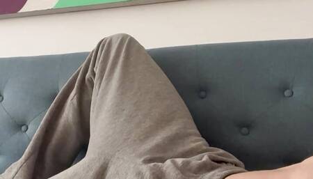 Jerking off on my couch with 2 hands. HUGE cumshot