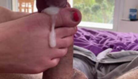 I MASTURBAT HIS BIG COCK WITH MY HAND & MY LITTLE FEET- I LICK HIS HOT SPERM ON MY FOOT