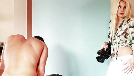 BLONDE BABE GAGS ON A HUGE COCK THEN RIDES IT HARD ON THE