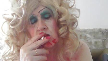 Total tramp, sissy fag, smoking fetish whore, Sarah, masturbates,with an 8inch dildo up her arse
