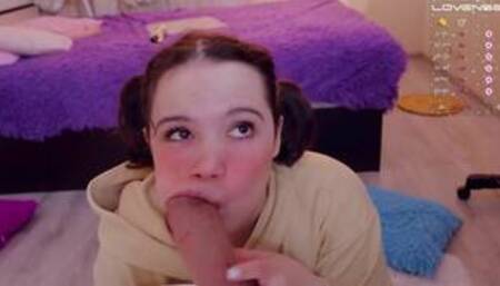 Adorable girl with pigeon eyes blowjob