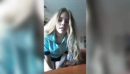 Young teen is convinced to show her tits and masturbate with her little hairy pussy