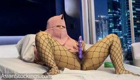 ***Asian Sockings -Sexy hijab young muslim in black fishnet stockings using Dildo to masturbate hairy Asian teen pussy-version1 astock MP4