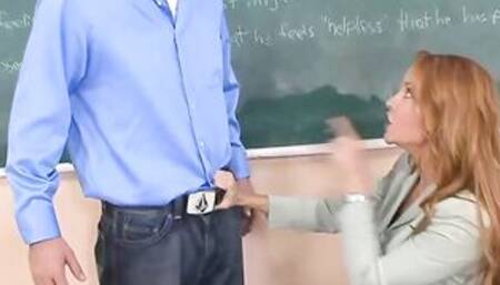 Hot red fellatio Professor Janet Mason getting to ride on gigantic hard cock in class