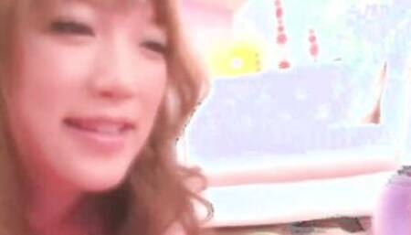 Slim oriental young woman getting cumshot into bushy pussy in three way