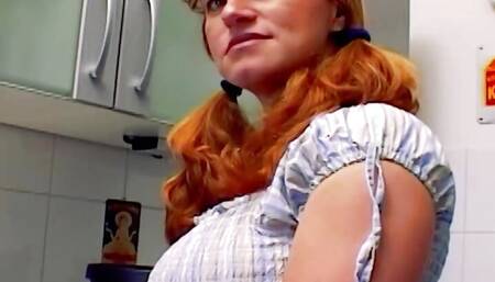 A curvy German babe gets her asshole smashed in the kitchen